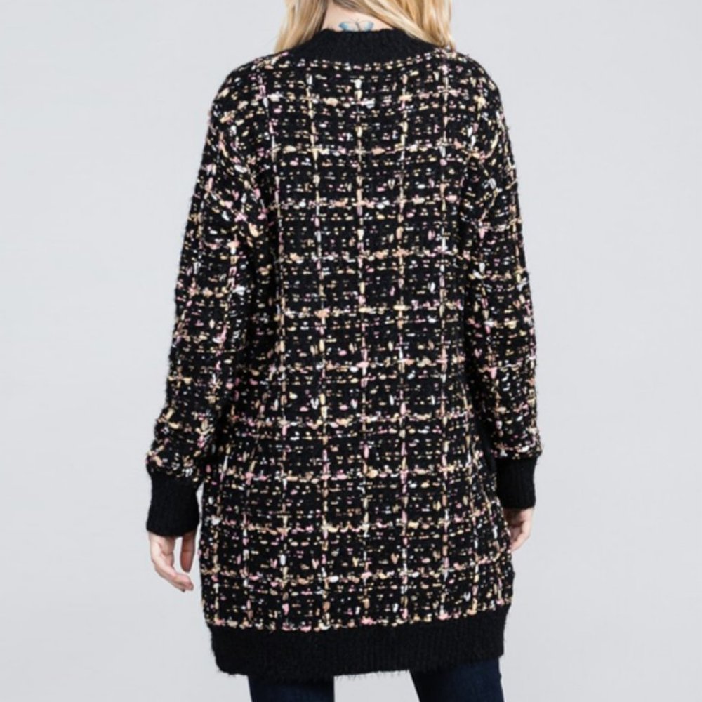 Black Confetti Tweed Knit Open Front Long Cardigan - Picture 11 of 12
